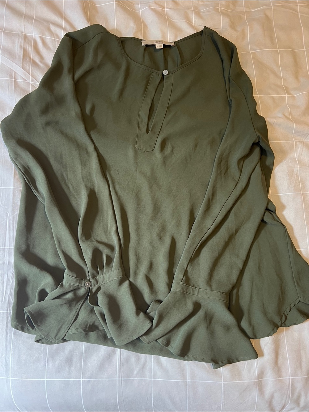 LOFT Olive Green Dramatic Sleeve Keyhole Blouse - Picture 5 of 5